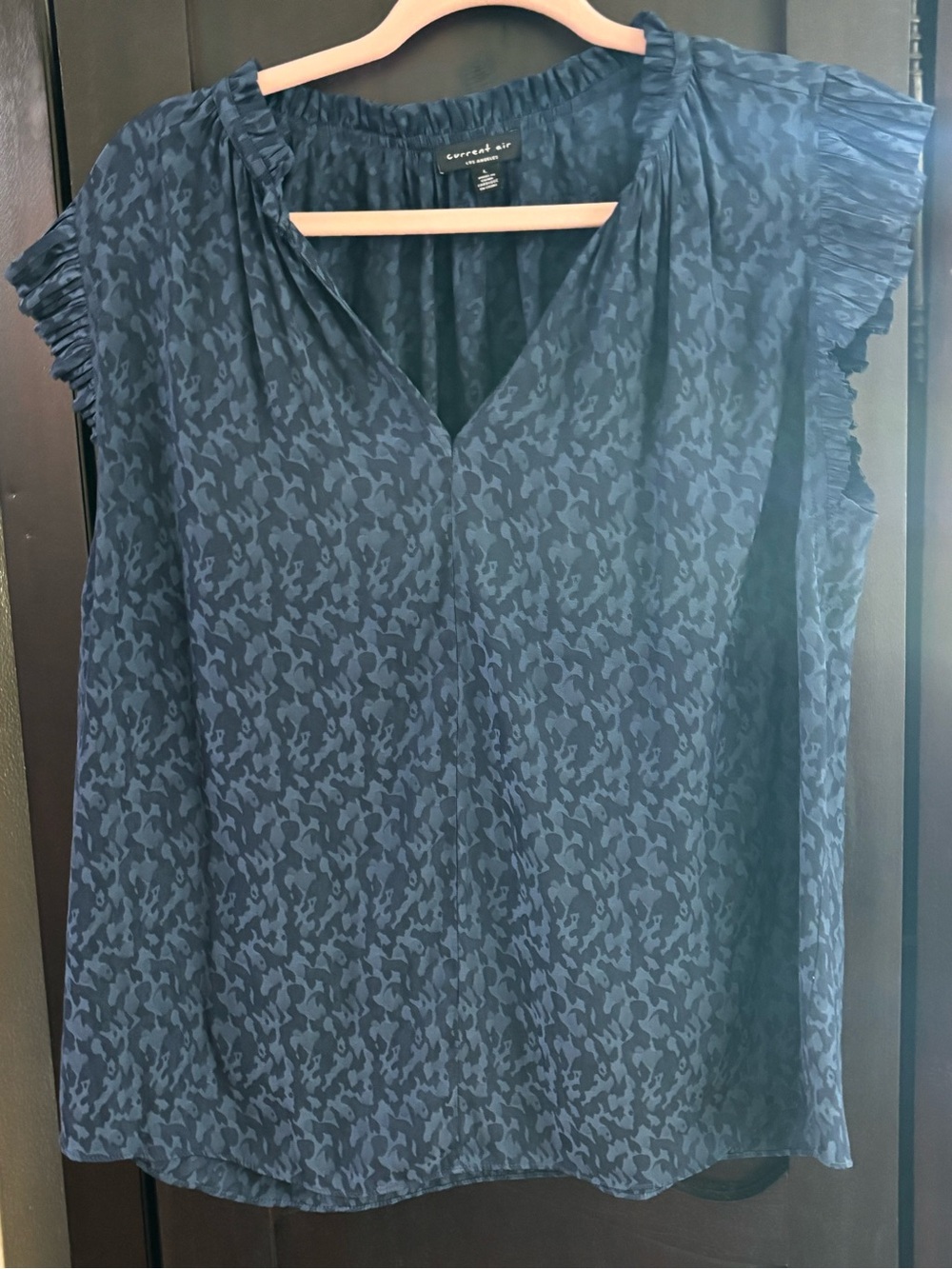 Current Air Navy Patterned V-Neck Ruffle Sleeve Top